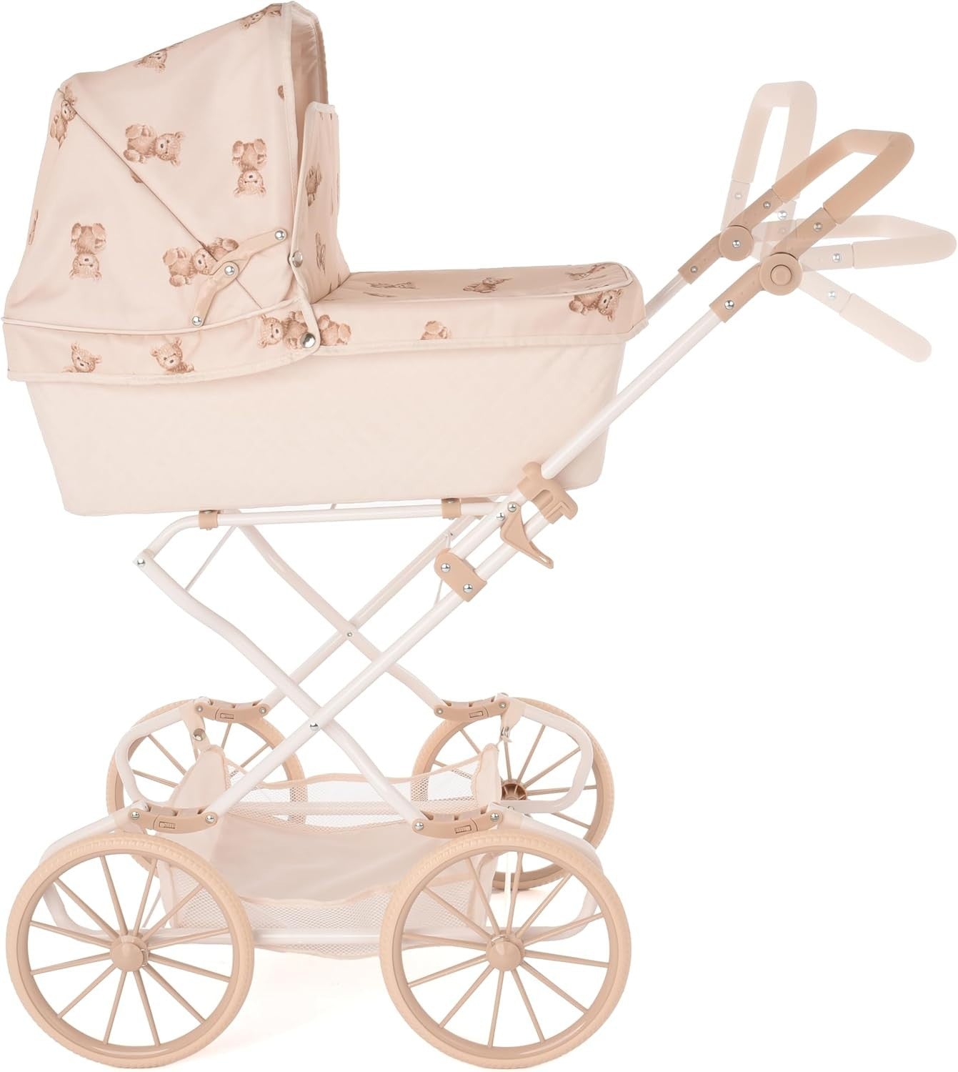 Vintage Doll Pram Teddy Design Adjustable Handle Tall Kids Basket