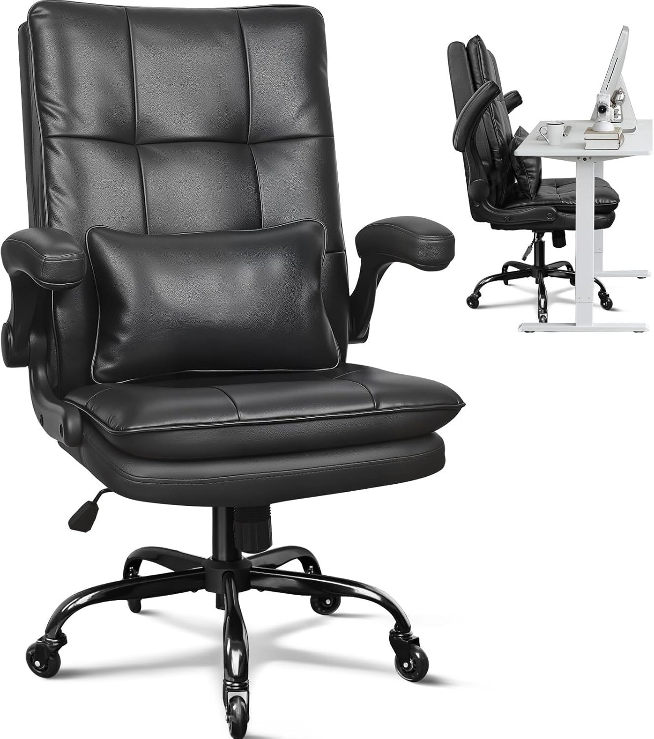 Ergonomic Office Chair Adjustable Lumbar Support Flip-Up Armrests Swivel Black