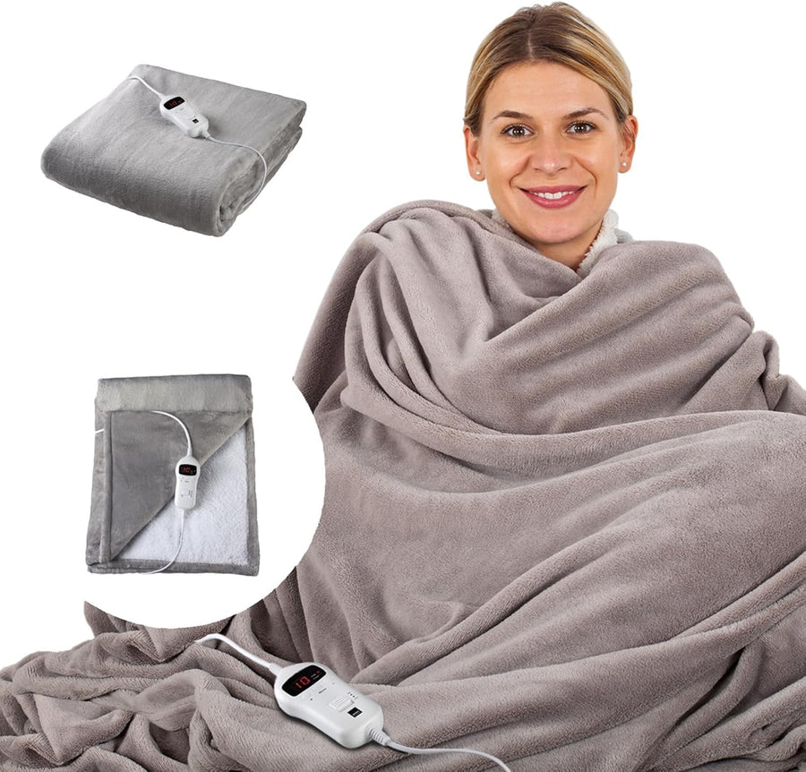 Electric Heated Throw Blanket Fast Heat Fleece 10 Settings Timer Grey 160x120cm