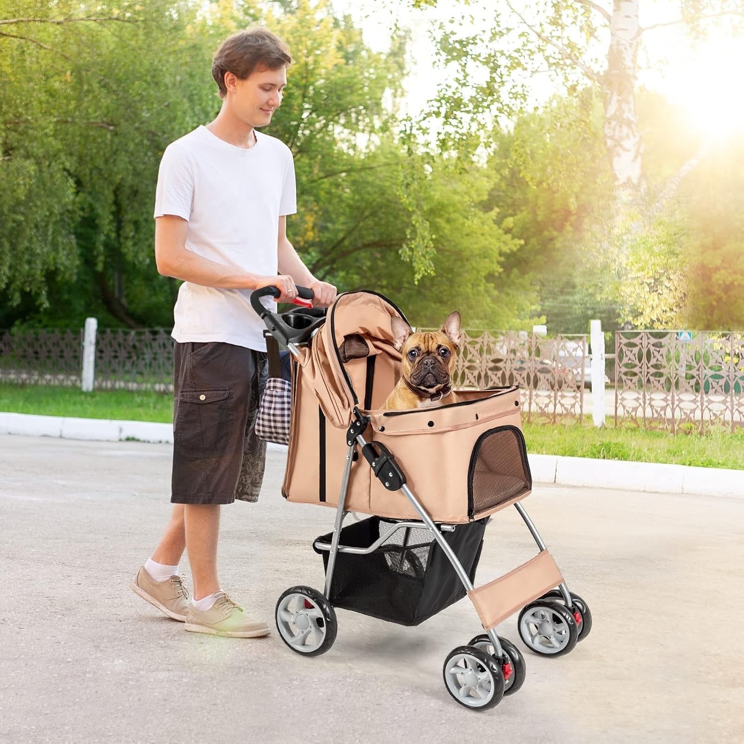 Foldable Pet Stroller 4 Wheel Lockable Dog Cat Travel Pushchair Safety