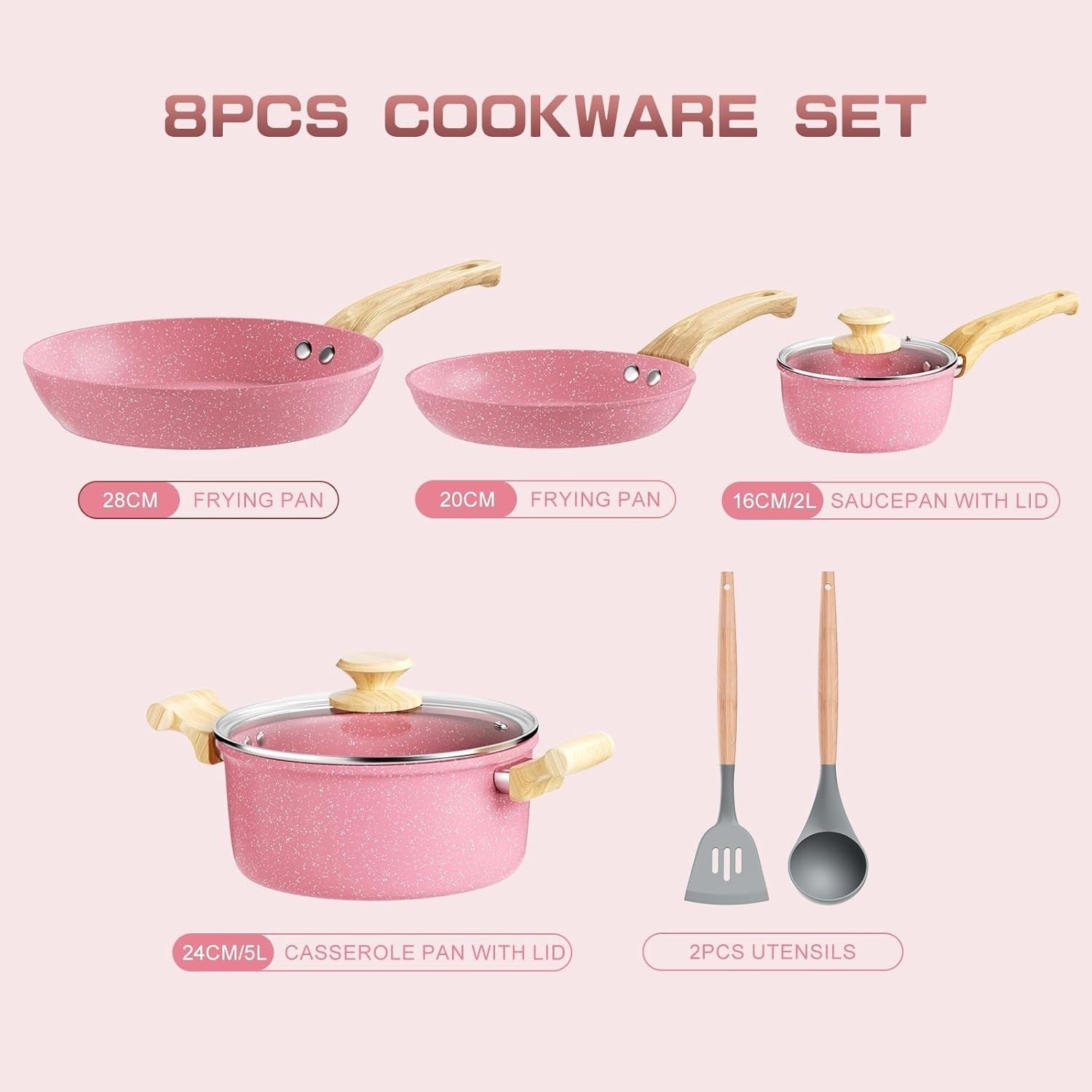 8Pcs Pink Ceramic Non-Stick Cookware Set Induction Ready Frying Pans & Saucepan