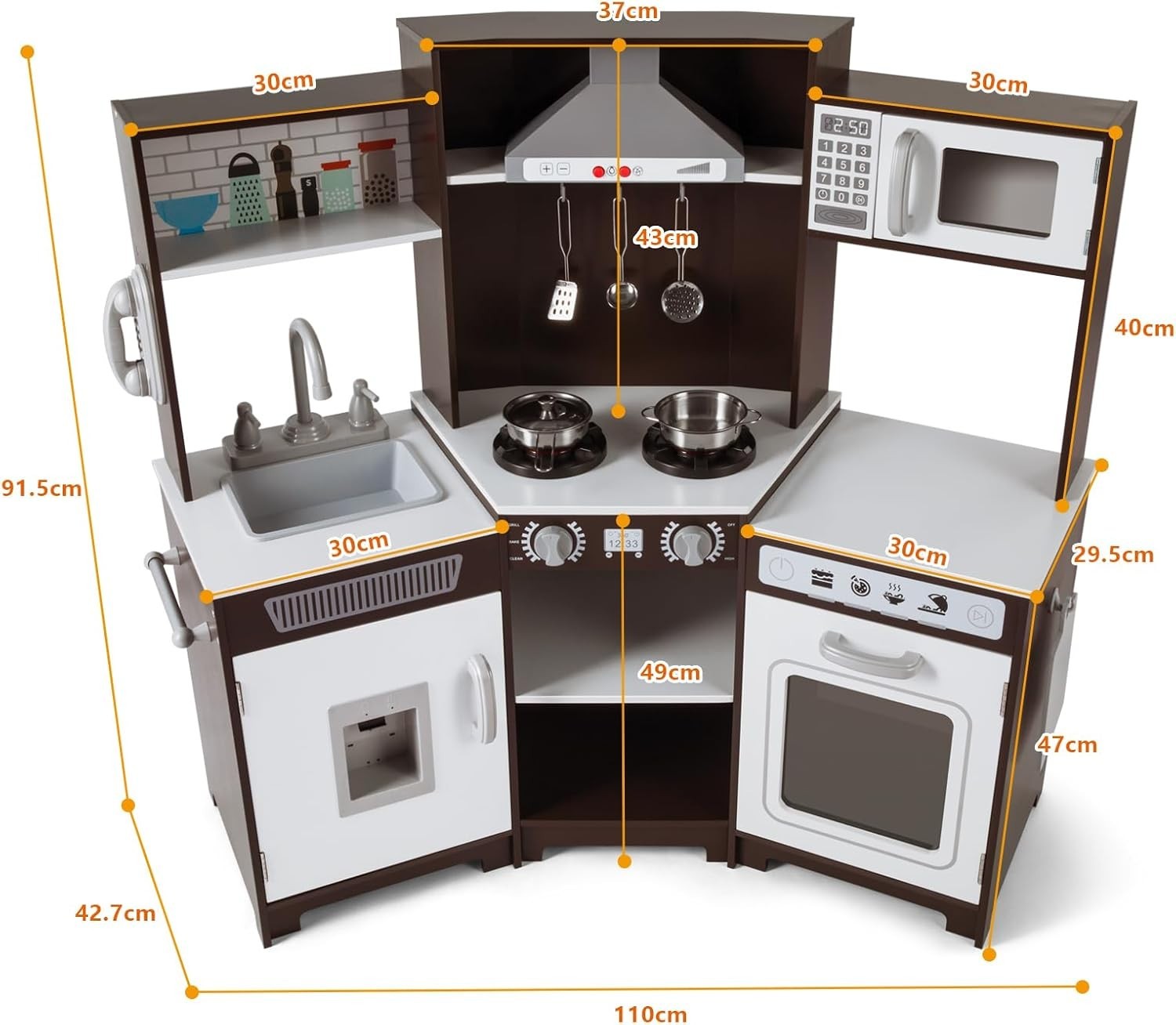 Corner Wooden Kids Play Kitchen Brown Lights Sounds Water Toy Set