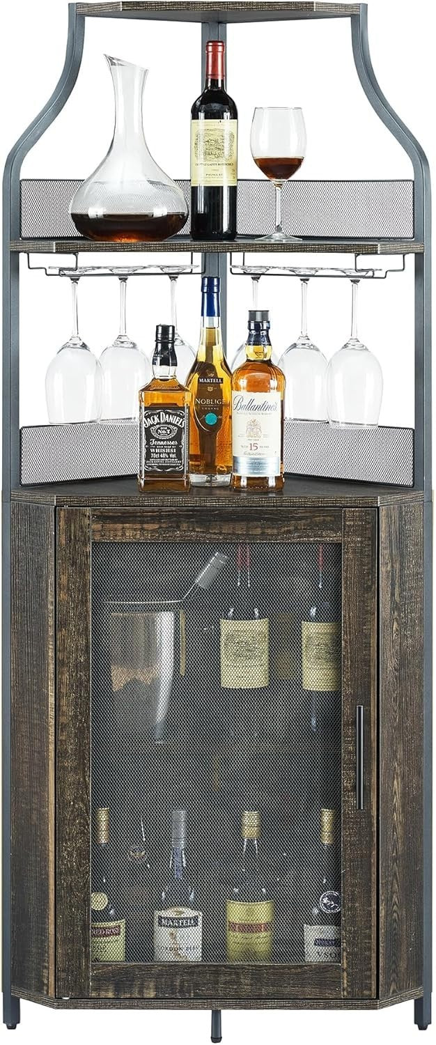 Tall Corner Bar Cabinet with Wine Rack & Glass Holder, 5-Tier Liquor Storage