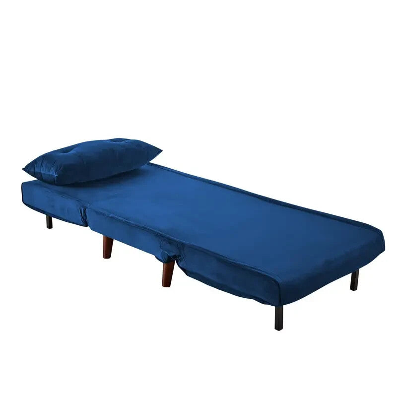 Blue Velvet Single Sofa Bed Chair Folding Seat Guest Sleeper with Pillow