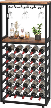 Large Wine Rack Storage Shelf with Glass Holder, 6-Tier Metal & Wood