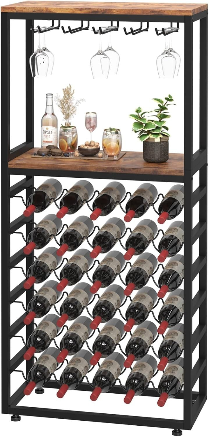 Large Wine Rack Storage Shelf with Glass Holder, 6-Tier Metal & Wood