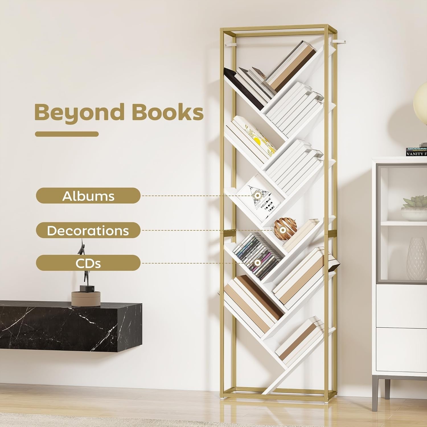 10-Tier Tree Bookshelf Modern White & Gold Tall Display Storage Unit for Home