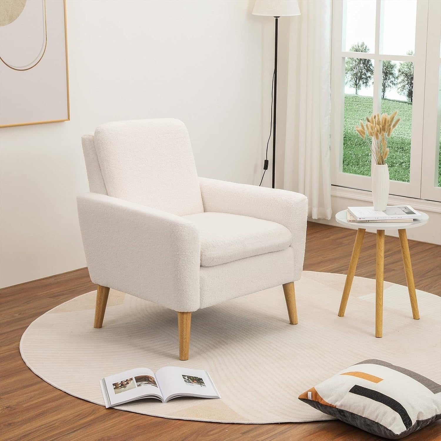 White Sherpa Accent Chair Comfy Armchair for Living Room Bedroom Office