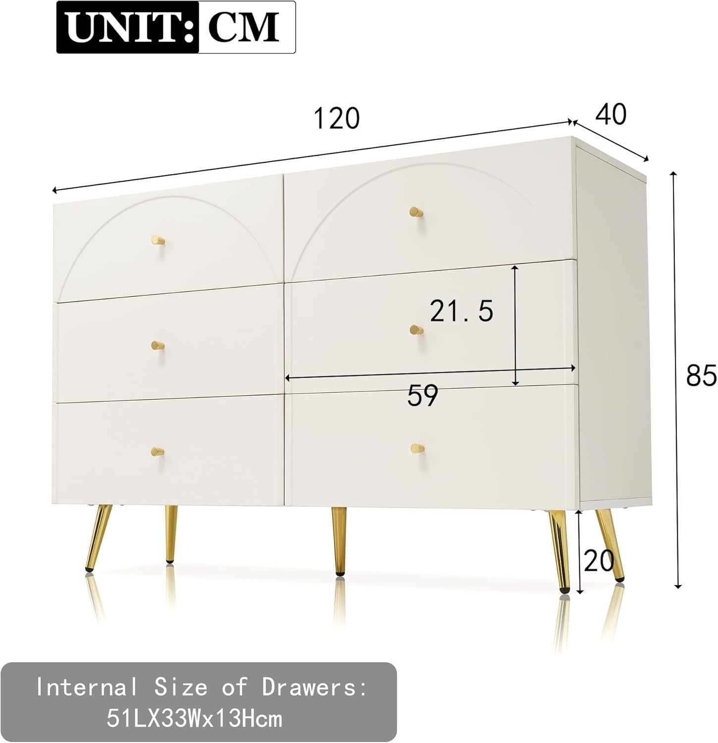 Cream White 6 Drawer Sideboard Cabinet Storage Unit Gold Legs 120cm