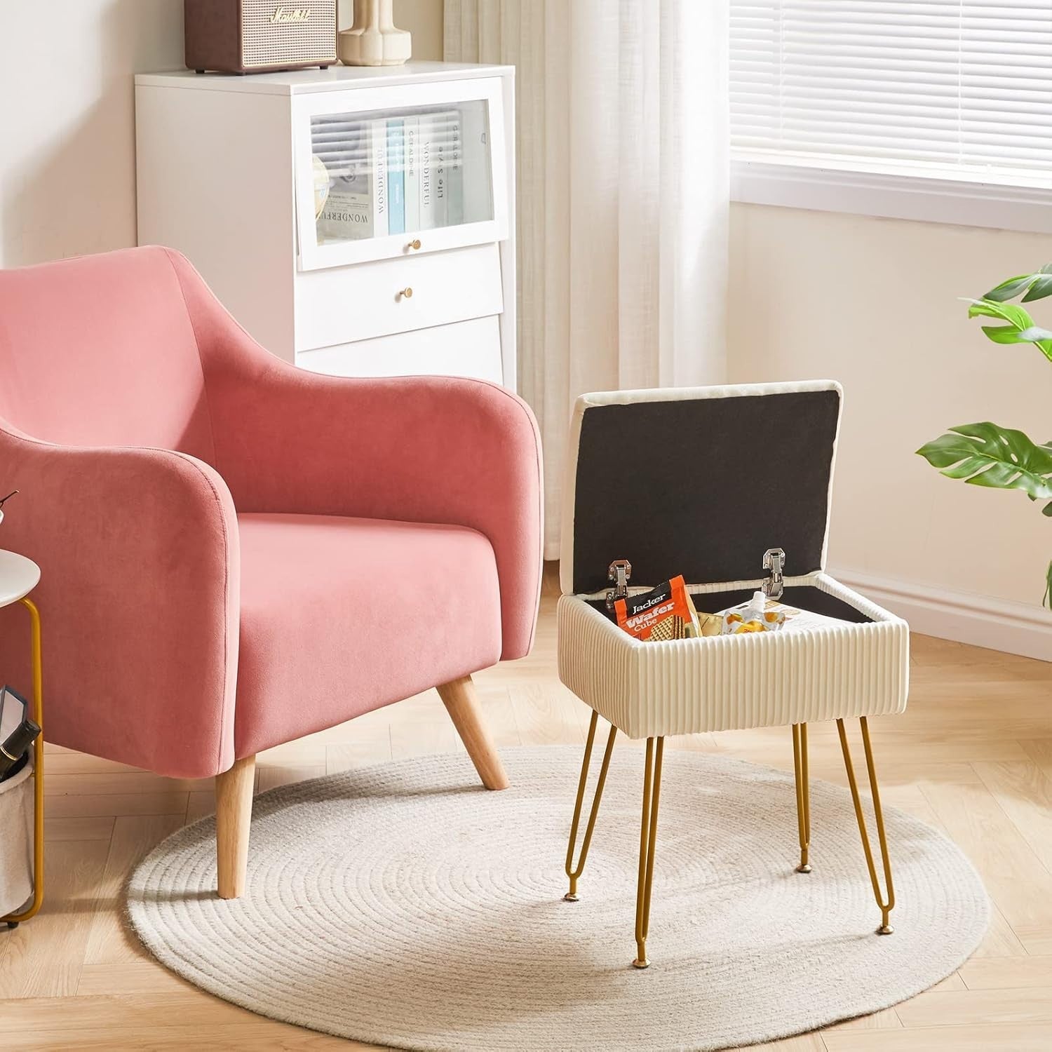 Beige Velvet Storage Ottoman Stool Square Bench Dressing Table Seat