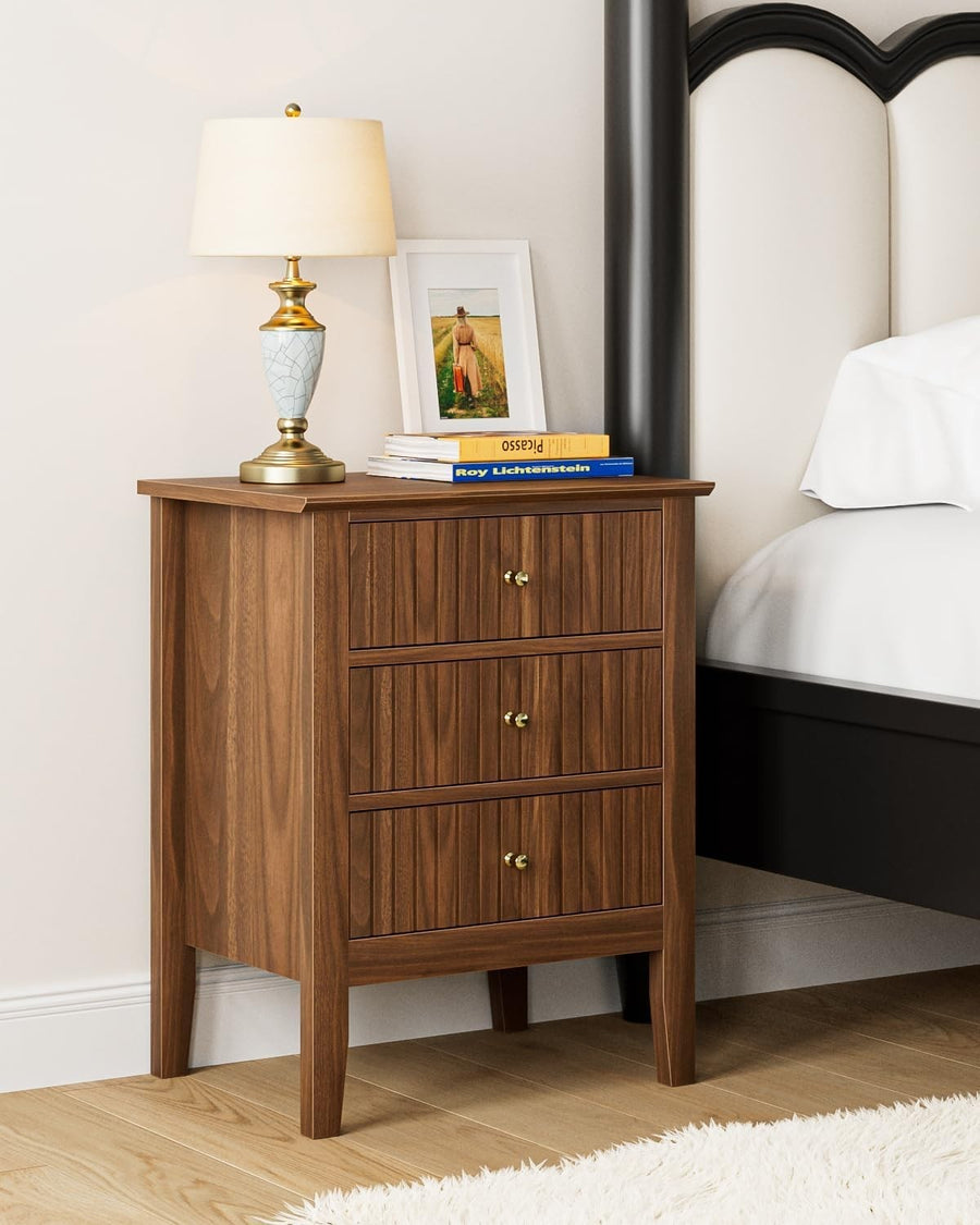 Modern Walnut Bedside Table with 3 Drawers Wooden Nightstand Bedroom Storage