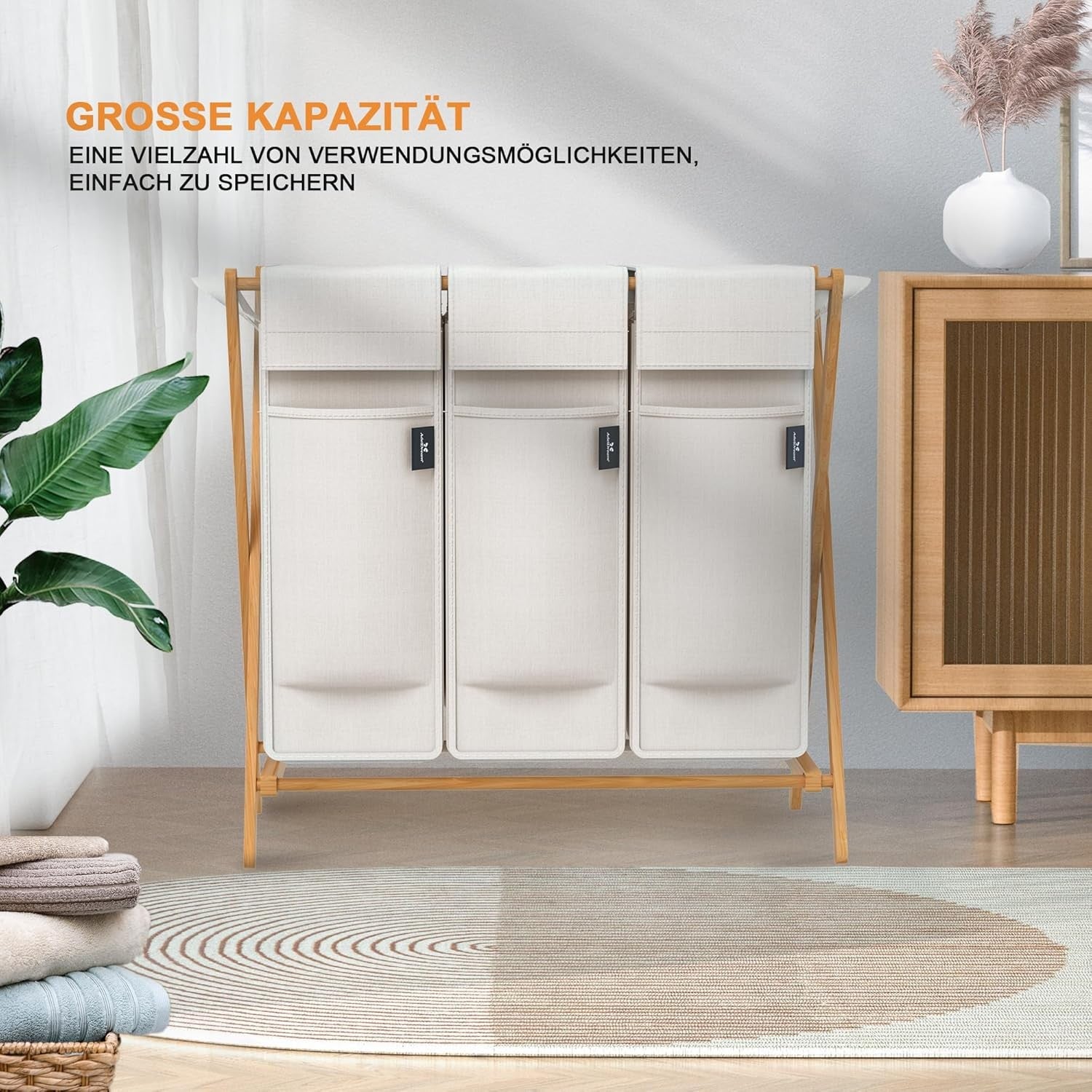 3 Compartment Bamboo Laundry Hamper 150L Foldable Sorting Basket with Lid