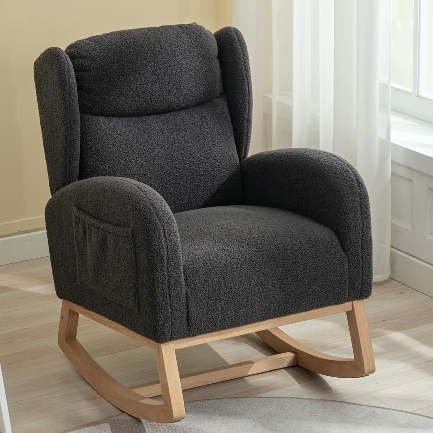 Teddy Rocking Chair Nursing Recliner Armchair Wing Back Faux Fur Grey