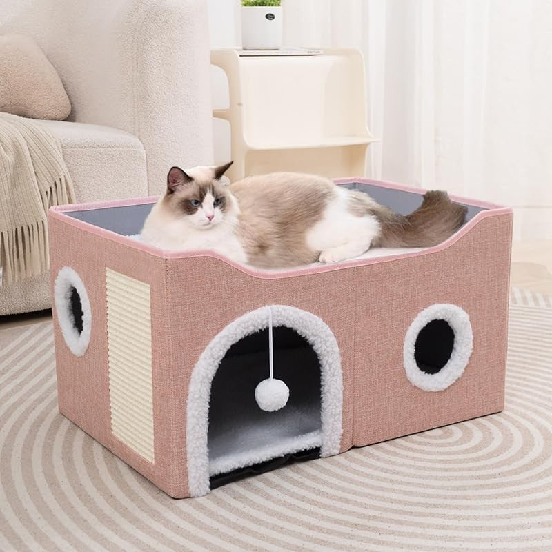 Foldable Cat House Cave Bed 2 Tier Cat Condo w Scratch Board Pink