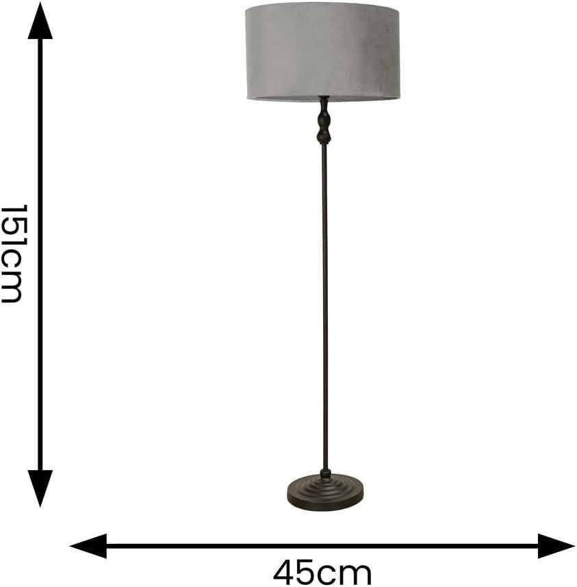 Black Metal Floor Lamp with Grey Velvet Shade & LED Bulb, Modern Light