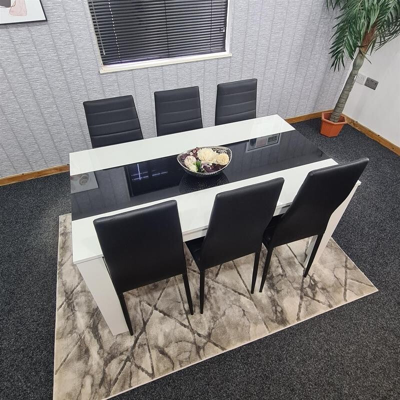 6 Seater Dining Table Set White Black Chairs Modern Kitchen Room MDF 140cm