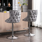 Luxury Velvet Bar Stools Set of 2 – Adjustable Swivel, Lion Accent, Grey