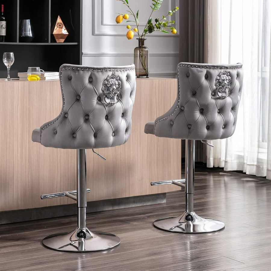 Luxury Velvet Bar Stools Set of 2 – Adjustable Swivel, Lion Accent, Grey