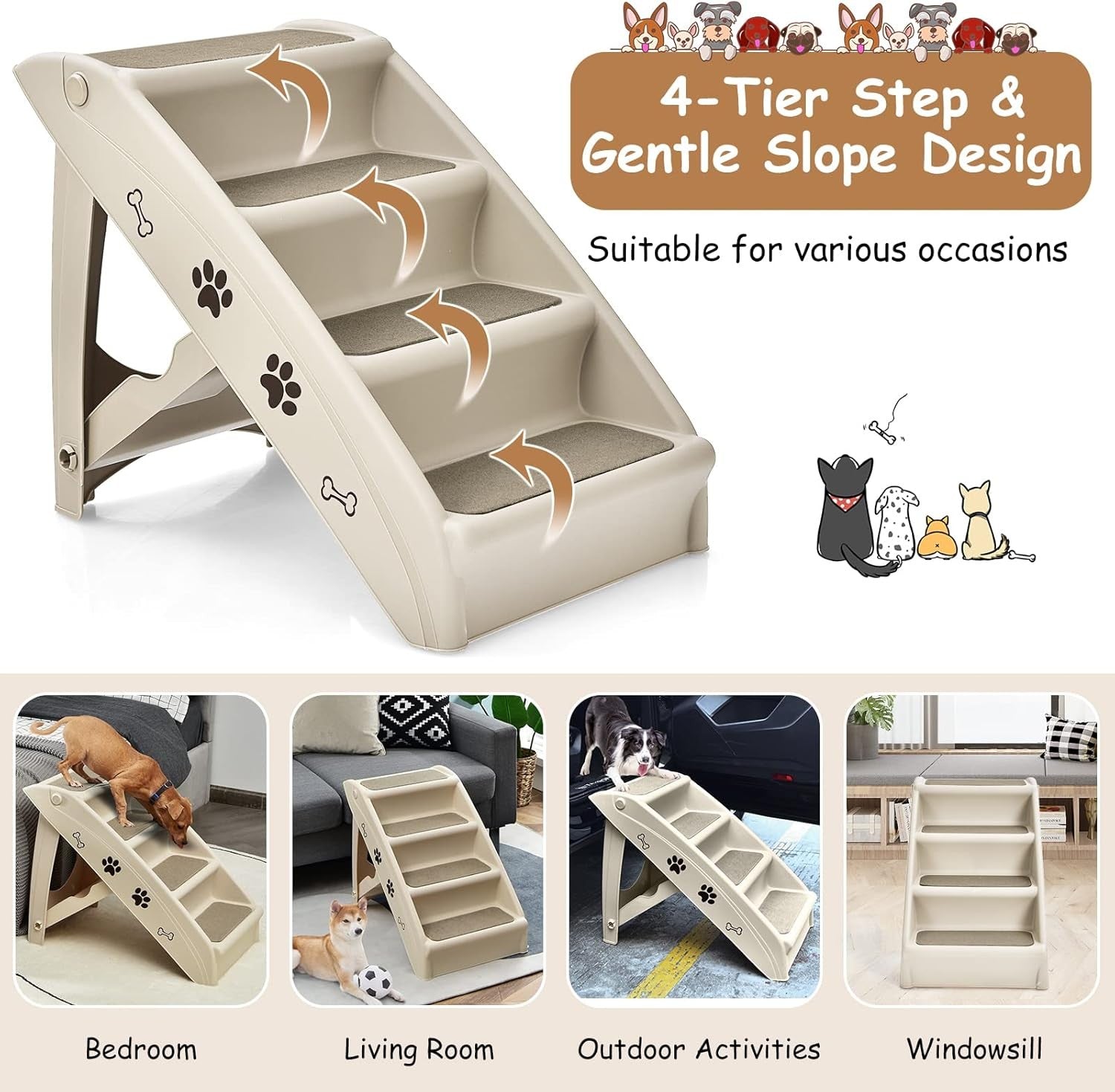 Foldable Portable Dog & Cat Pet Steps – 4‑Step Non‑Slip Felt Pet Ramp (Beige)
