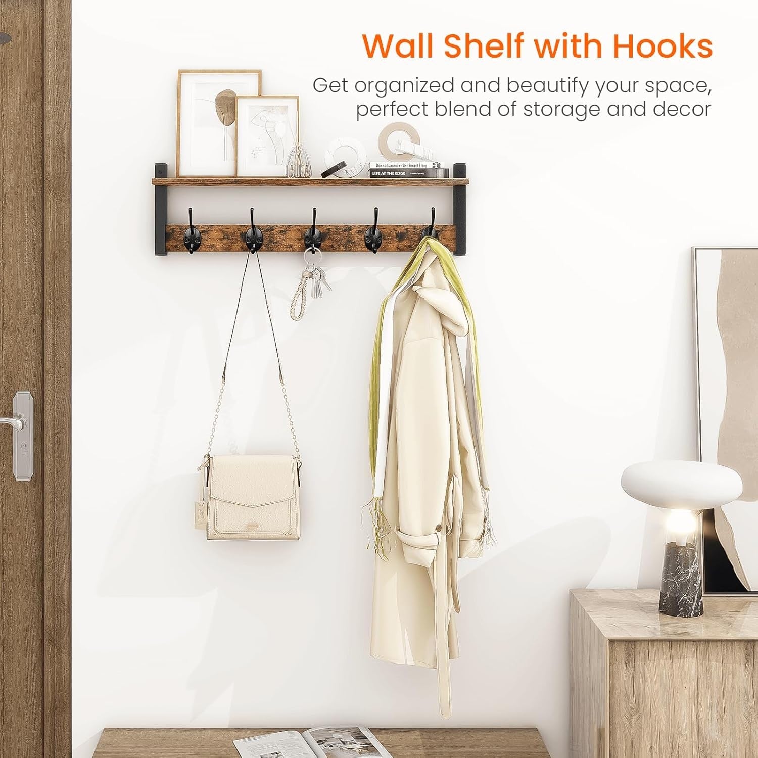 80cm Wall Mounted Coat Rack Shelf Black Entryway Hat Bag Towel Storage Hooks