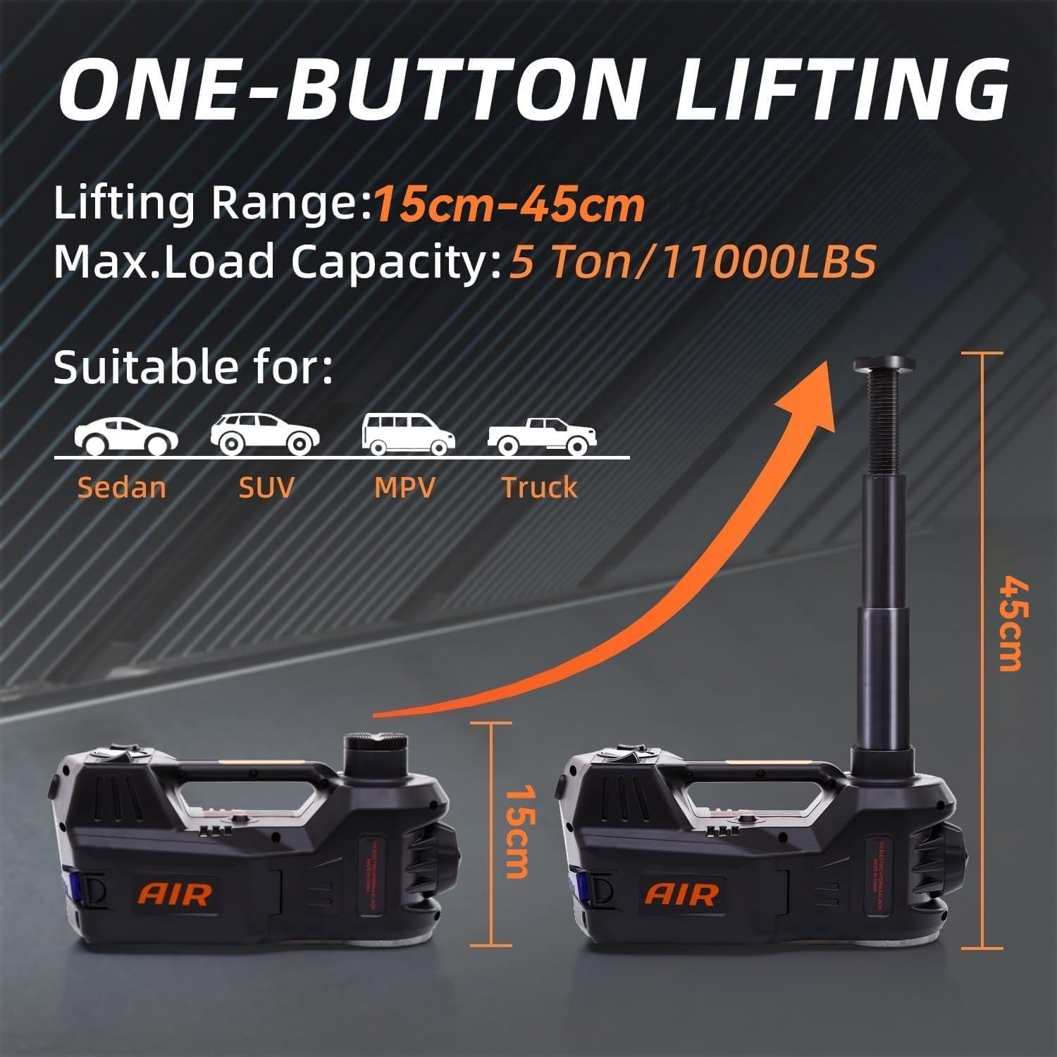 5 Ton Electric Hydraulic Car Jack 12V with Air Pump & Pressure Gauge 15–45cm