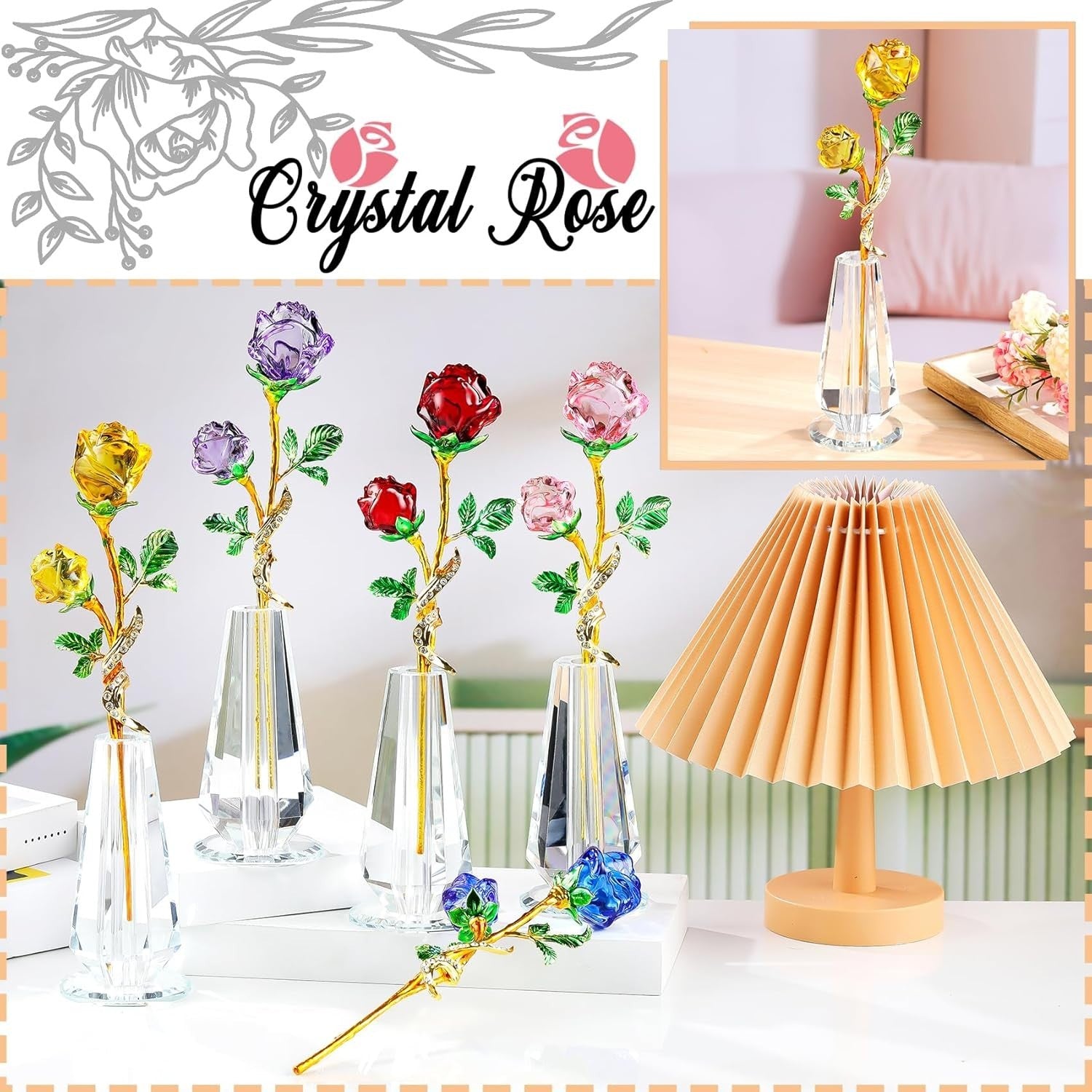 Yellow Crystal Rose Ornament with Vase – Luxury Glass Flower Gift for Her Décor