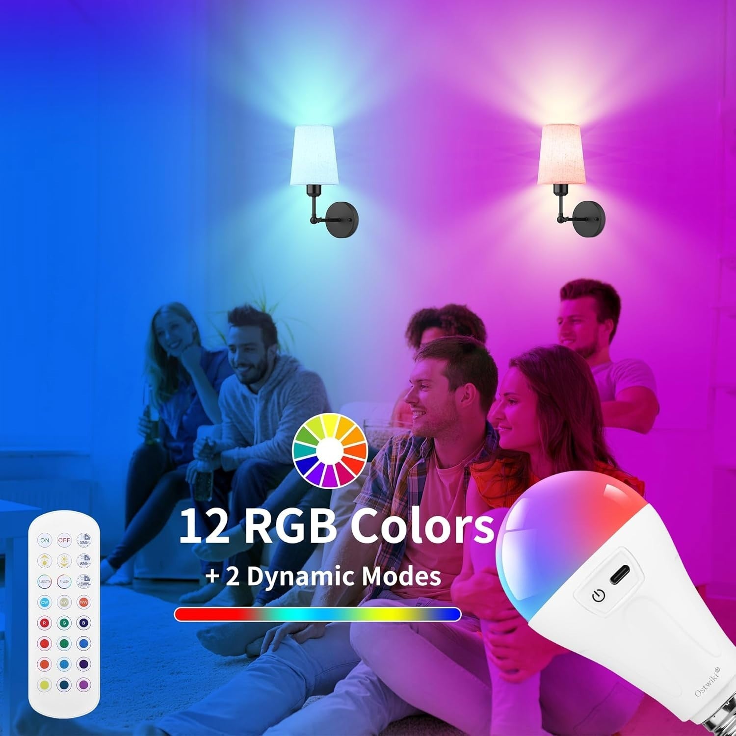 Set of 2 Black Wall Sconce Lights Battery Operated RGB Remote Rotating