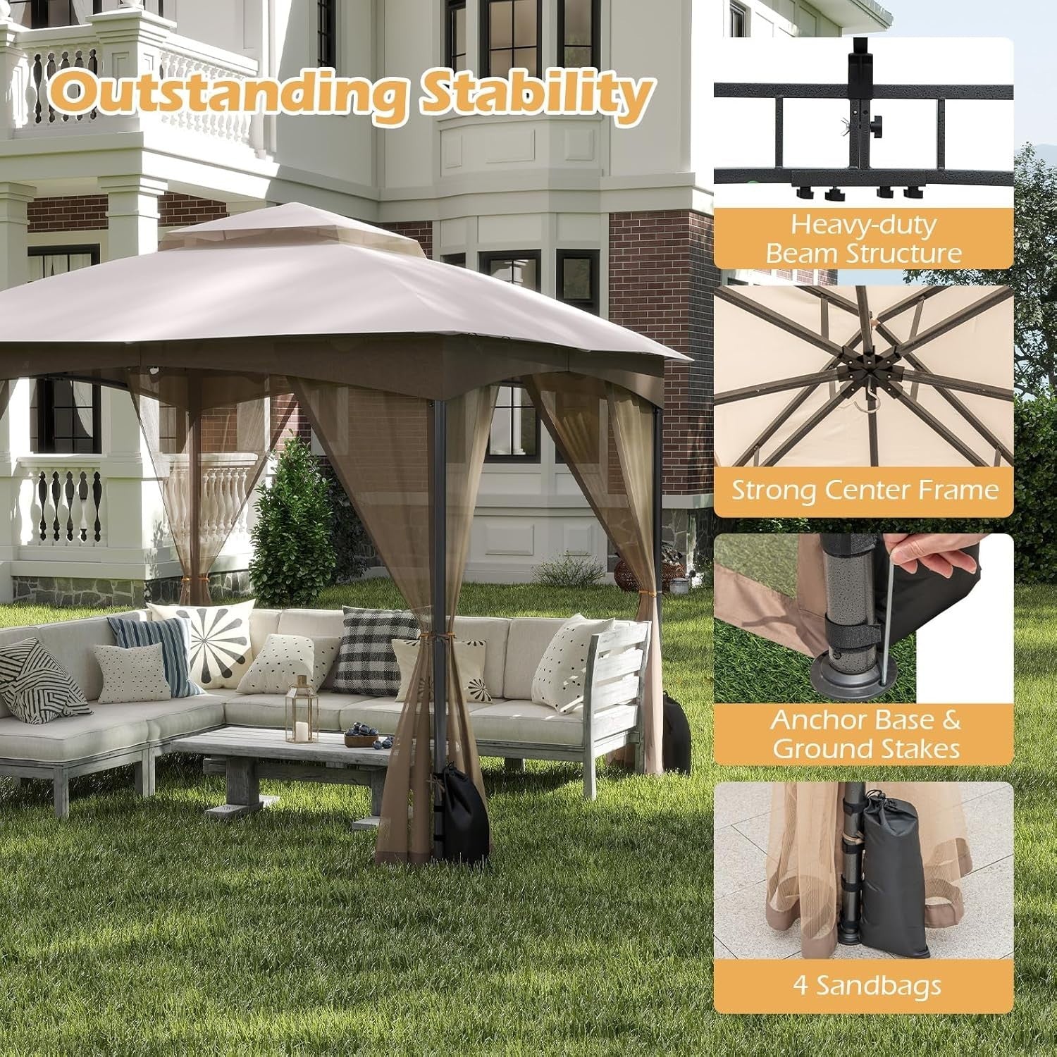 3x3M Garden Gazebo Double Roof Patio Tent With Netting & Sandbags Khaki