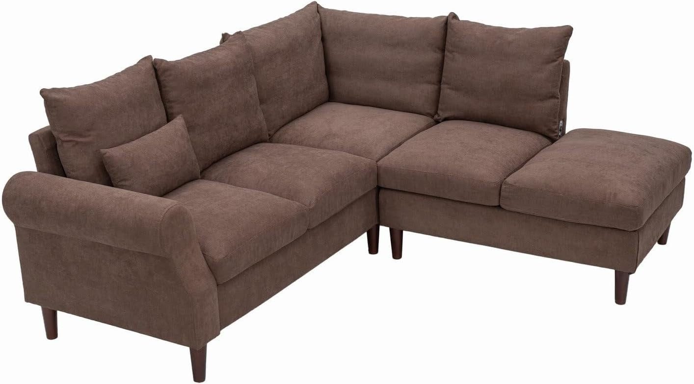 5 Seater Corner Sofa w/ Chaise & USB Charging Port – Brown Linen, Left Arm