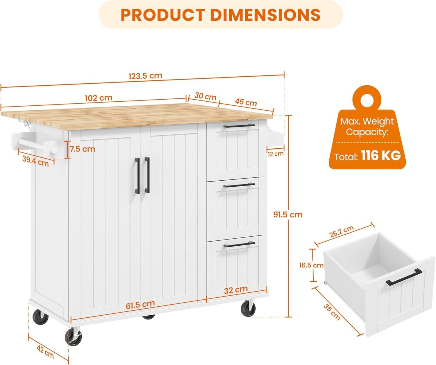 Kitchen Island Cart Drop-Leaf Bar Table Storage Cabinet Drawers on Wheels White