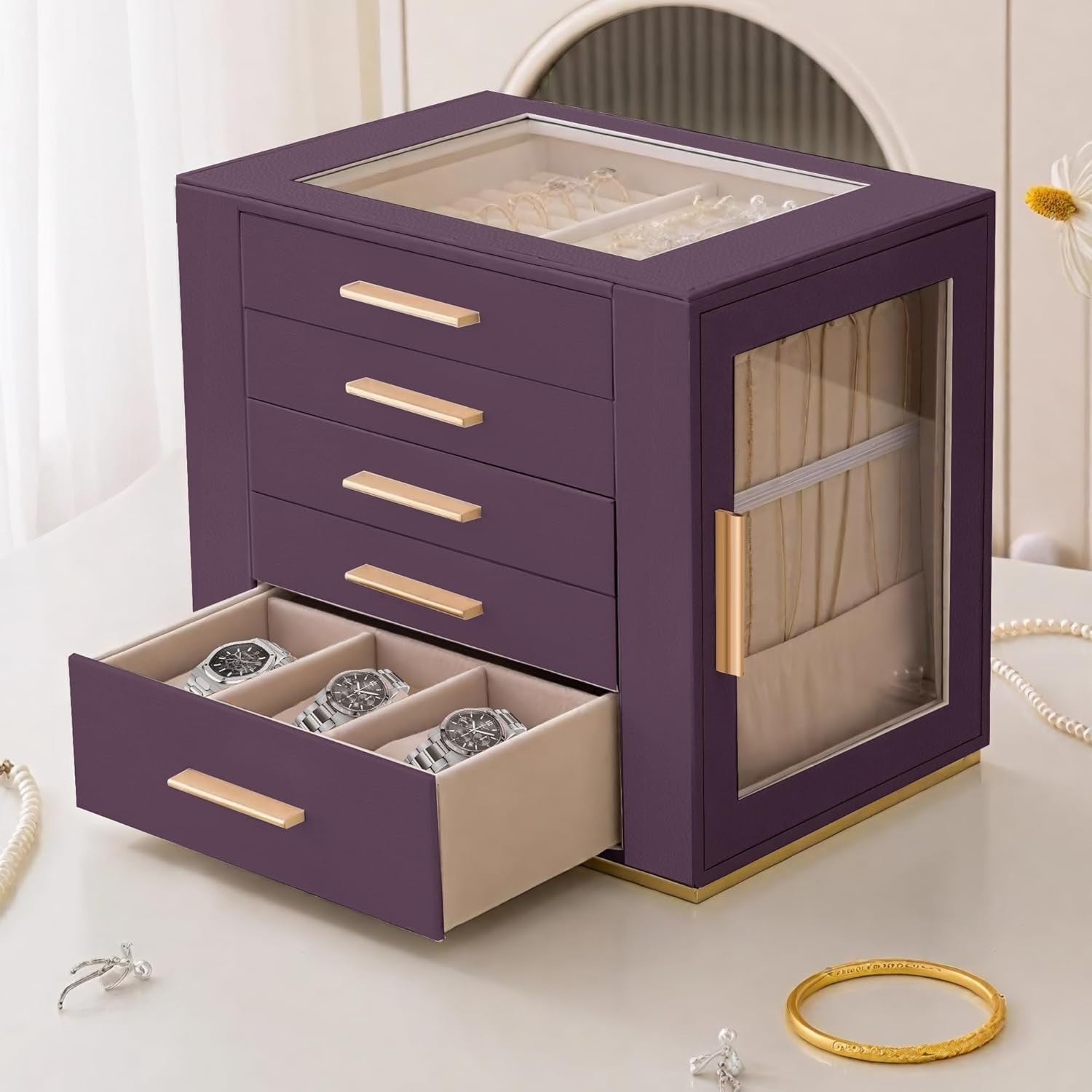 Purple PU Leather Jewellery Organizer Box Drawer Storage for Rings Watches