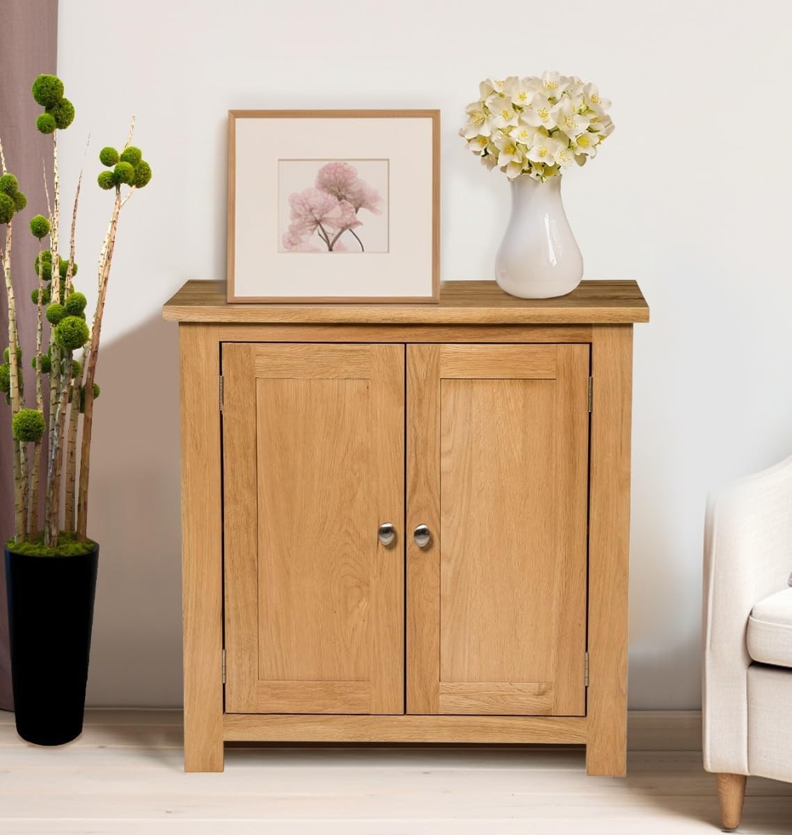 Solid Oak Wooden Storage Cabinet with 2 Doors & Adjustable Shelf 70cm