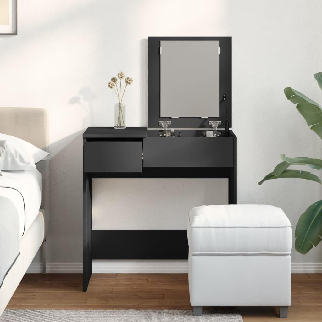Modern Black Dressing Table Makeup Vanity Desk Storage Drawer Mirror Set