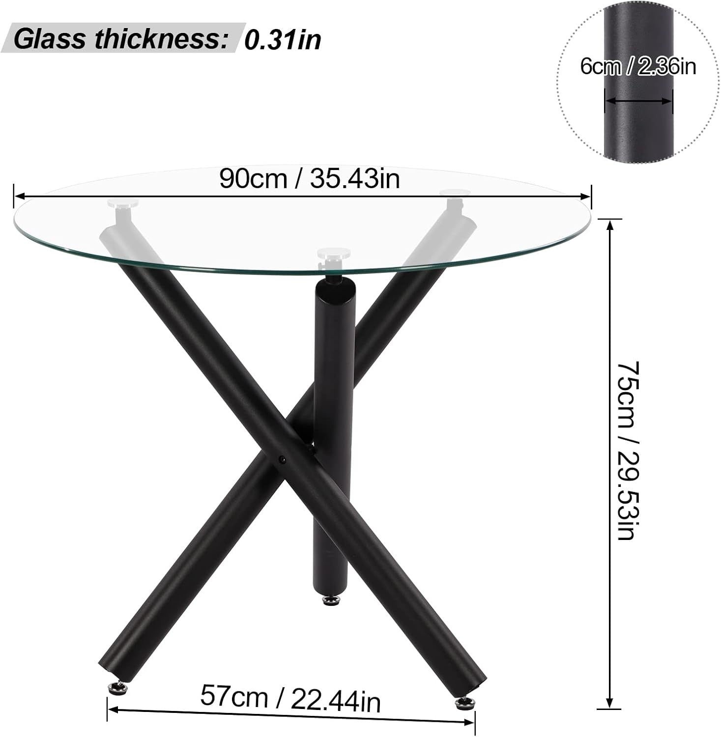 Round Glass Dining Table 90cm Modern Black Metal Base Stable Safe Tabletop