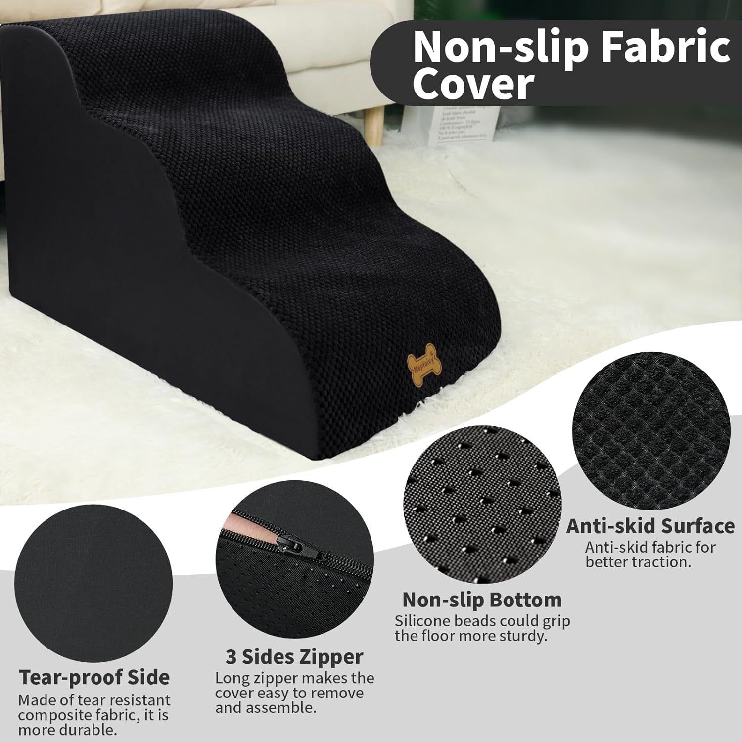 3-Step Dog Stairs Non-Slip Pet Ramp for Small Dogs Cats Black
