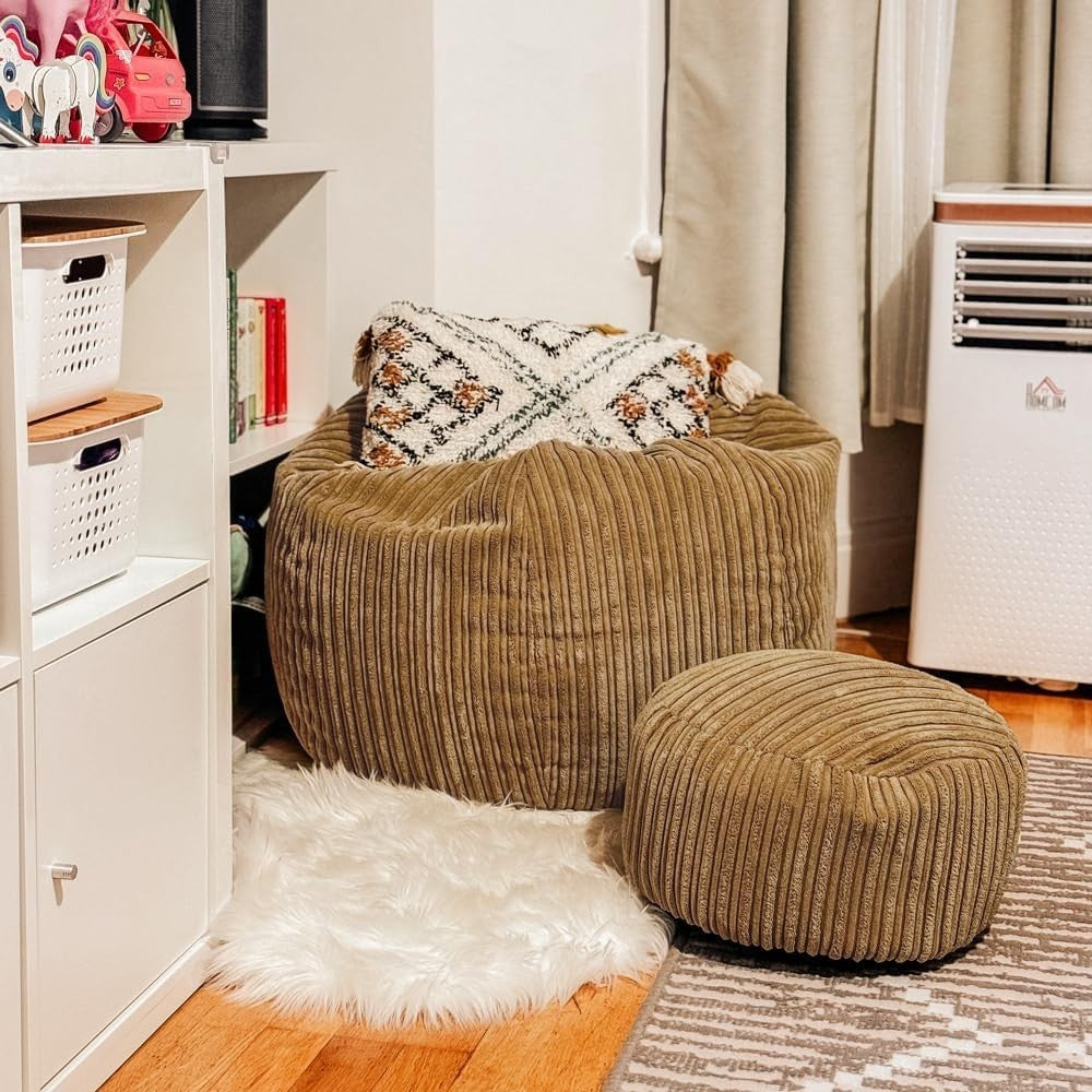 Kids Cord Bean Bag Chair - Soft Mini Slouch Seat, Caramel, Washable, 60x80cm