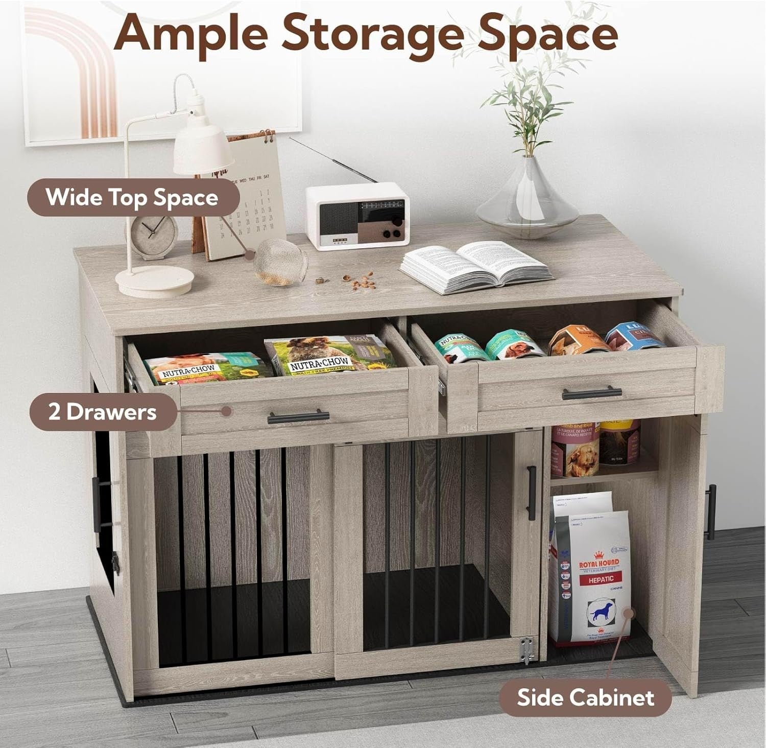 Large Indoor Wooden Dog Crate with Dual Sliding Doors, Storage & Lock