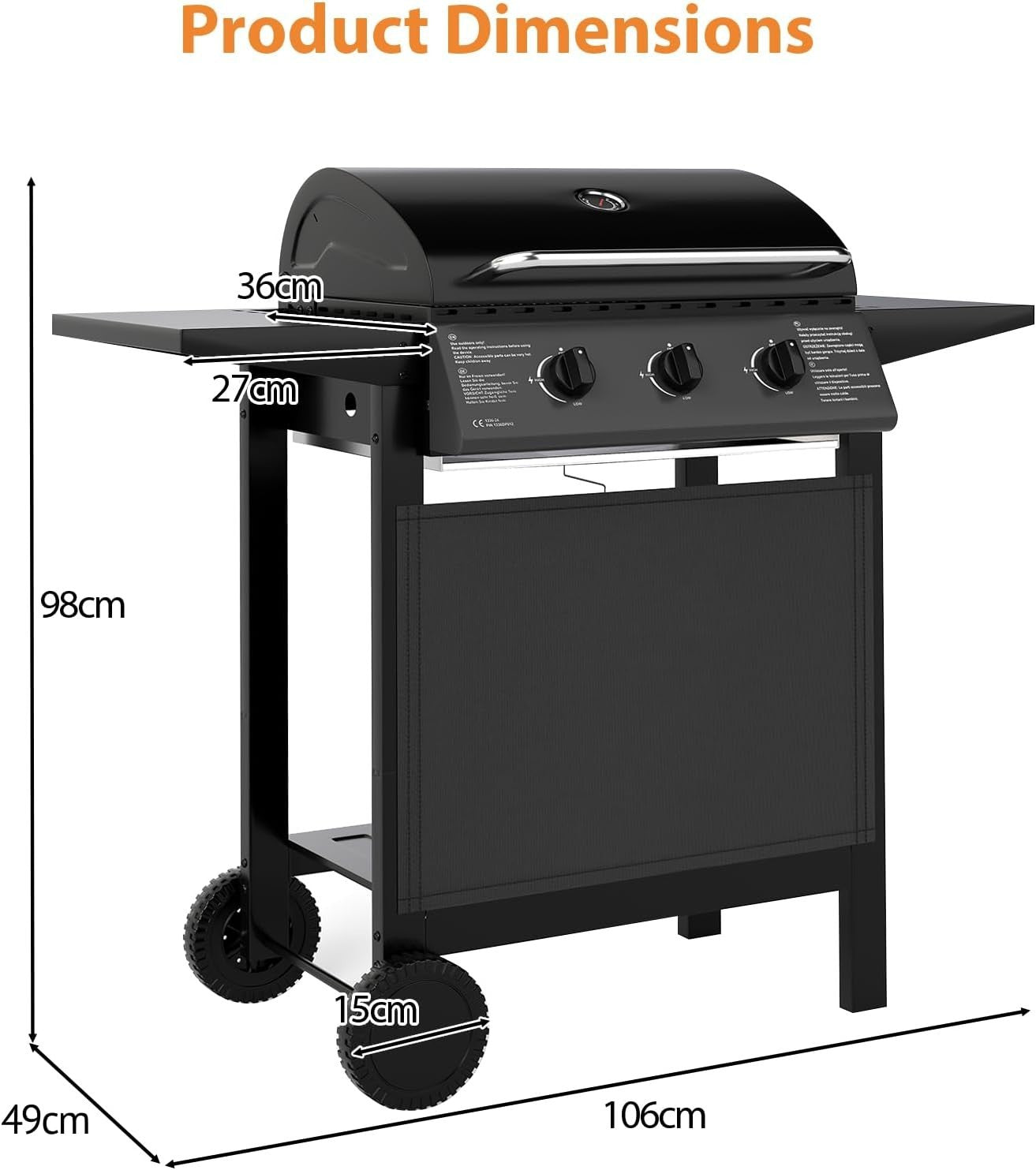 3 Burner Gas BBQ Grill with Lid, 49x106x98cm, Thermometer, Side Shelves & Wheels