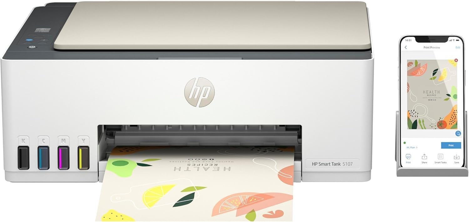 White A4 Colour Inkjet Smart Tank Printer Wireless Refillable 12ppm Compact