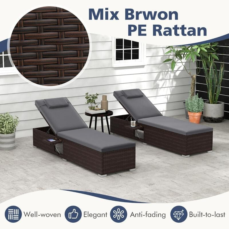 Outdoor Rattan Sun Lounger with Cushion & Table Recliner Chair 6-Position