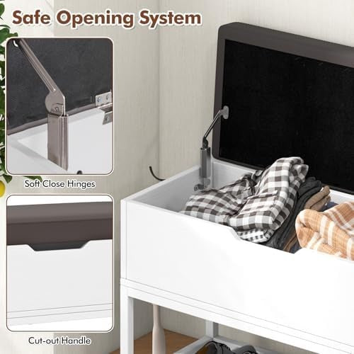 White Shoe Storage Bench with Flip Top & Cushion – Metal Frame 100cm
