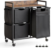 100L 3-Compartment Laundry Hamper with Wheels Rustic Top Removable Bags