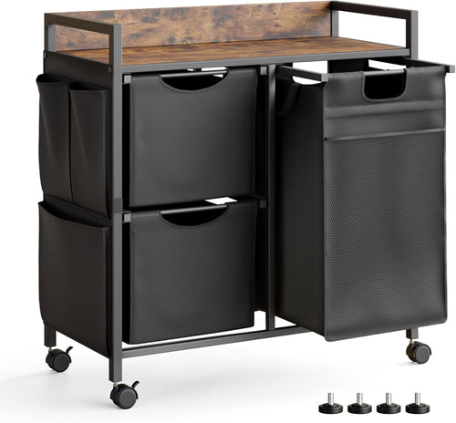 100L 3-Compartment Laundry Hamper with Wheels Rustic Top Removable Bags