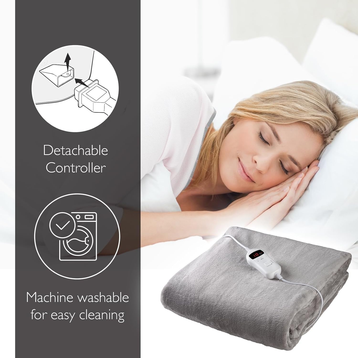 Electric Heated Throw Blanket Fast Heat Fleece 10 Settings Timer Grey 160x120cm