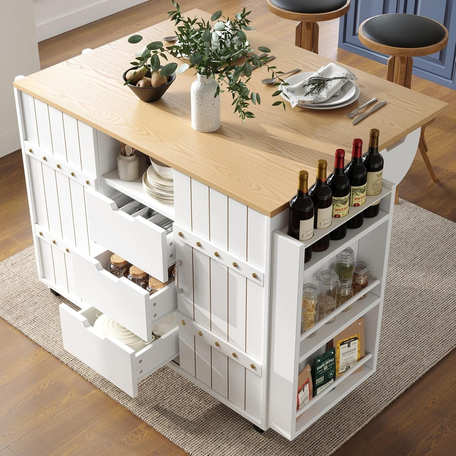 White Rolling Kitchen Island Foldable Worktop Cart