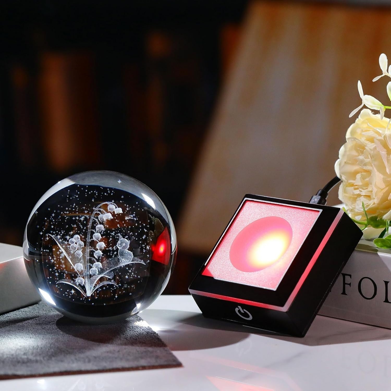 3D Crystal Lily of the Valley Cat Ball LED Light Ornament 8cm K9 Glass Gift
