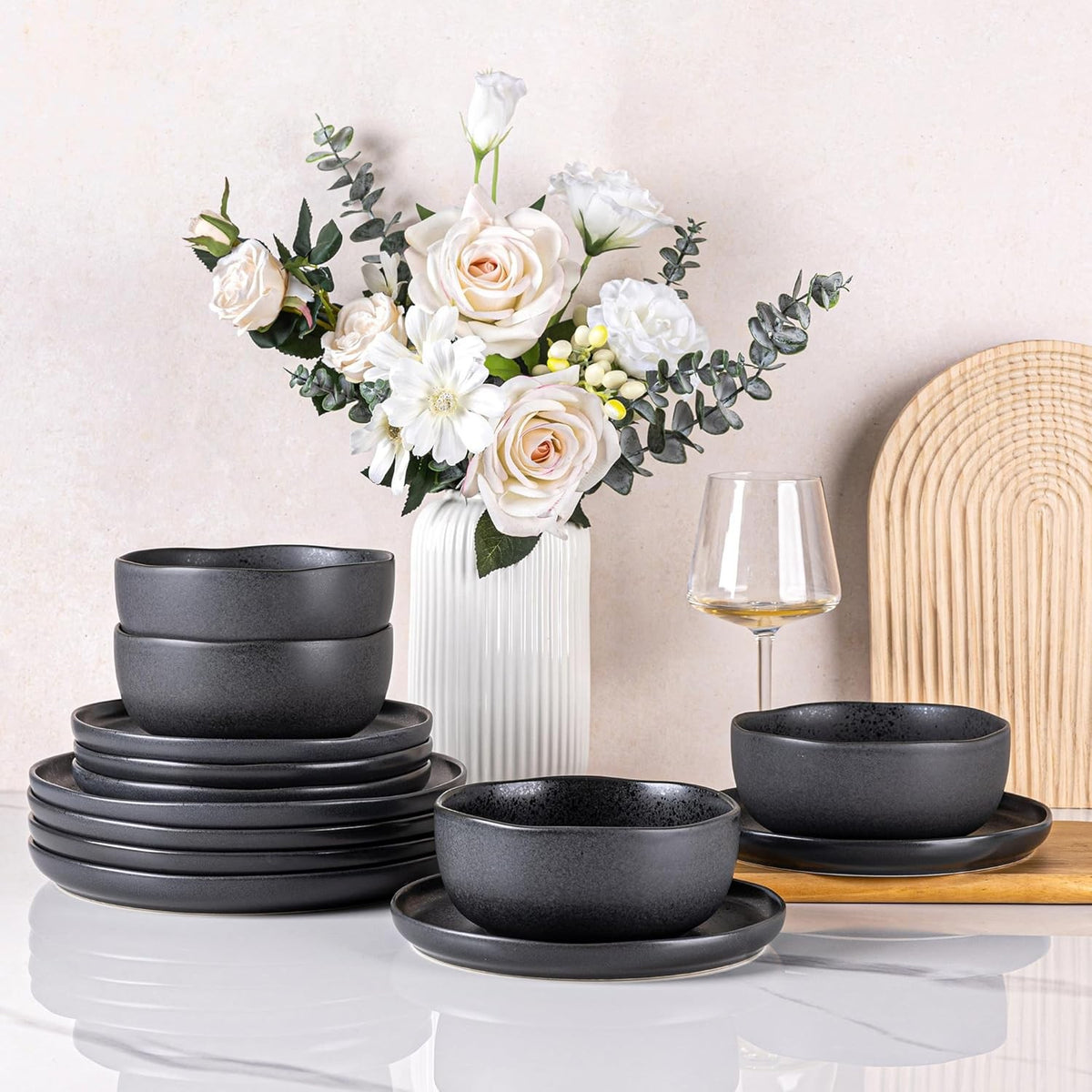 12pc Stoneware Dinner Set Matte Black Speckled Plates Bowls Service for 4