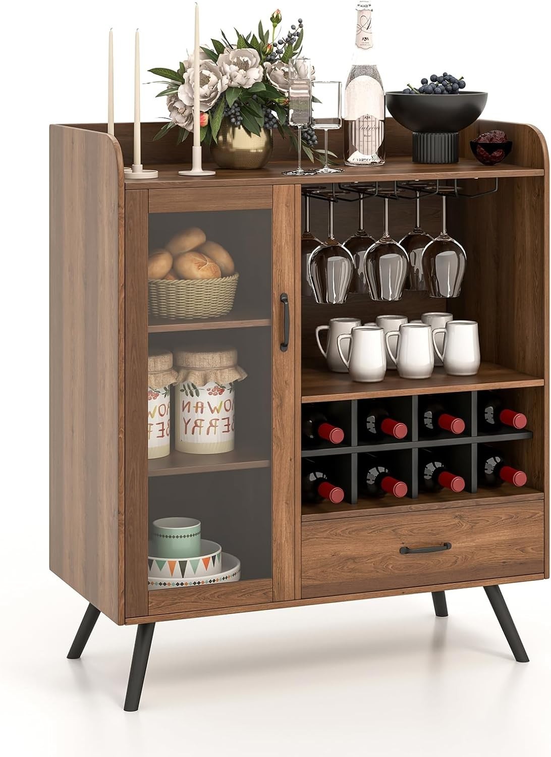 Rustic Sideboard Drinks Cabinet with Wine Rack Glass Holder Drawer Home Bar