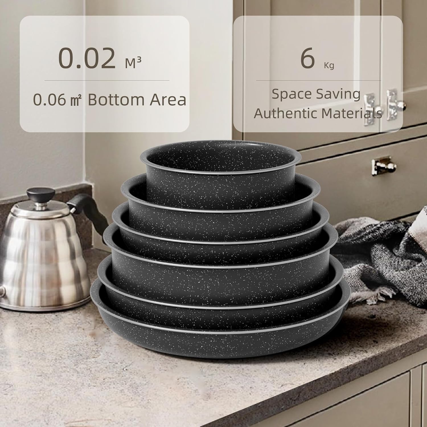 5Pcs Black Pots Pans Set with Glass Lids & Detachable Handle Induction Safe
