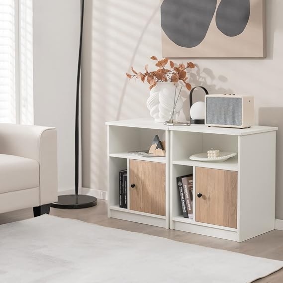 Modern Bedside Tables 2-Pack with Bamboo Door & Storage Shelves | White